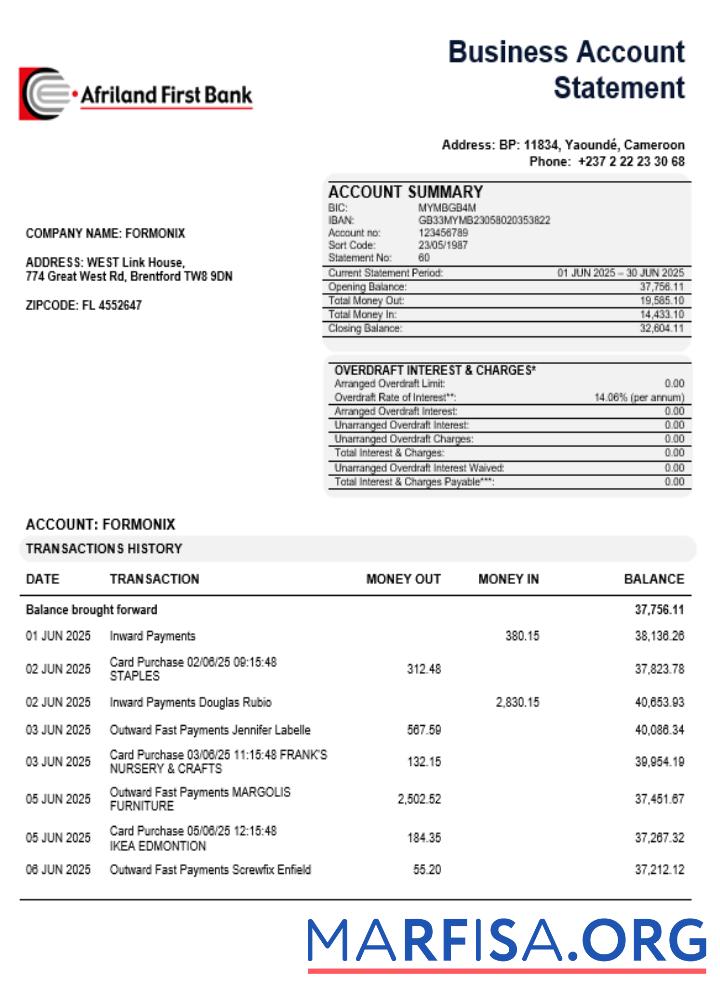 Blank Afriland First organization checking account statement Word and PDF template